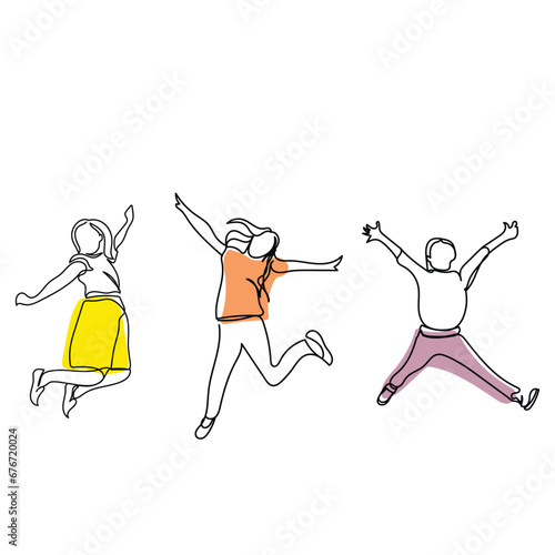 line art drawing of excited preteen kids. Adolescents jumping out of sheer joy. Cognitive developments of tweens. Positive developmental psychology. Young boys and girls vector art.