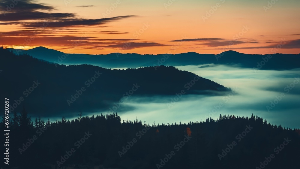 Sunrise sea of fog moving over mountain range silhouette with pine tree forest aerial view. Wild nature mist landscape. Dramatic dark clouds float in orange colored sky