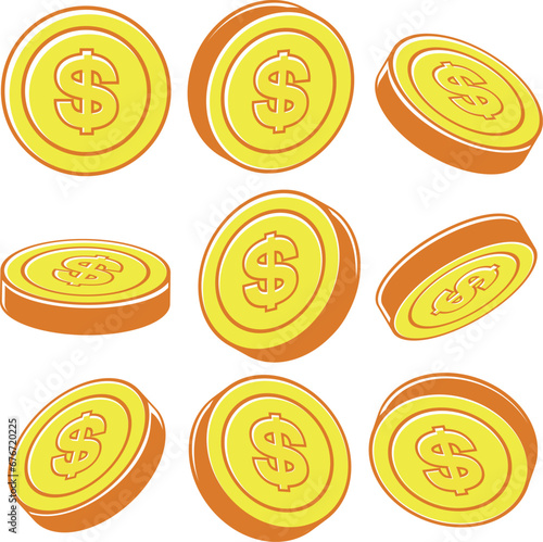 角度違いの＄マークのついたドルコイン