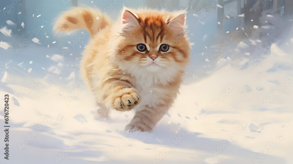 A wintry scene with an Exotic Shorthair cat leaving playful paw prints in fresh snow Ai Generative