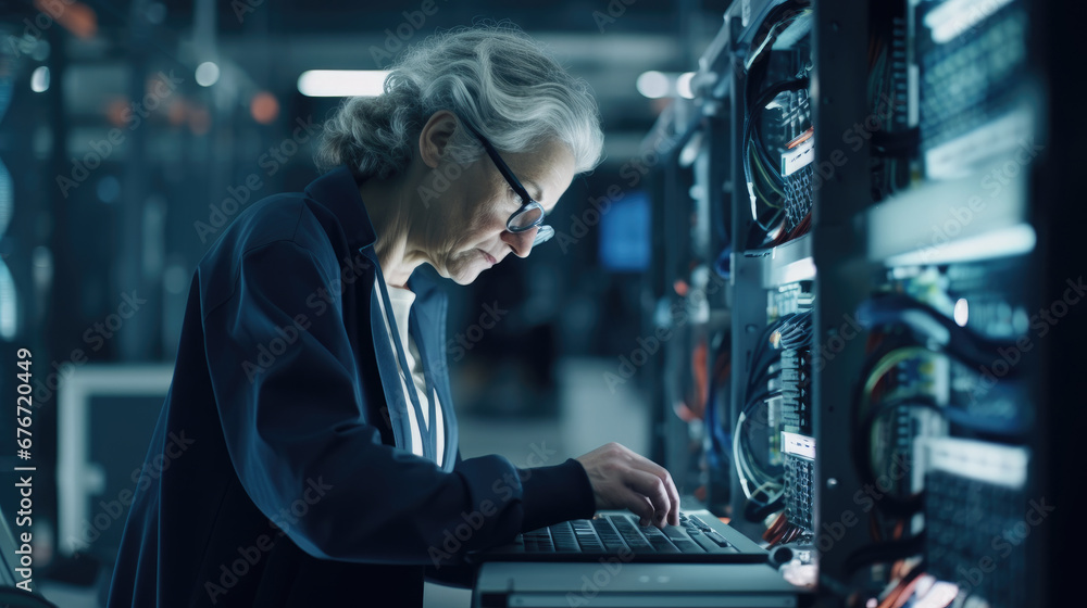 Portrait of female senior information technology specialist person in the dark with blue light data center server room background.