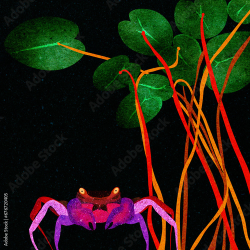 Ilustracja kolorowy krab na dnie oceanu roślinność wodna.