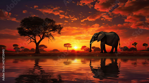 A tranquil moment, elephant silhouetted against the radiant glow of a setting sun Ai Generative