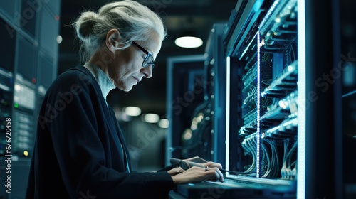 Portrait of senior information technology specialist person in the dark with blue light data center server room background.