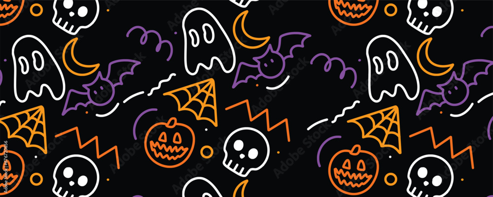 Vector fun line doodle Halloween party seamless pattern background