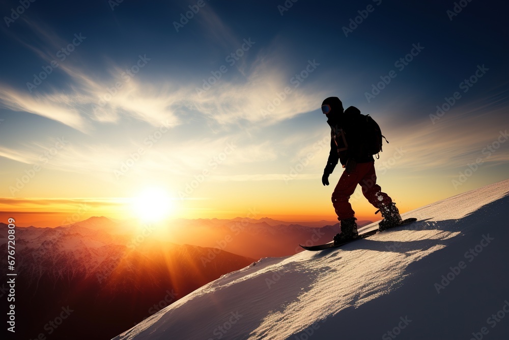 Snowboarders silhouette stand over the clouds, Beautiful snowy mountain background, Mountain landscape. Snowboarders silhouette stand over the clouds, Beautiful snowy mountain background, Mountain landscape.