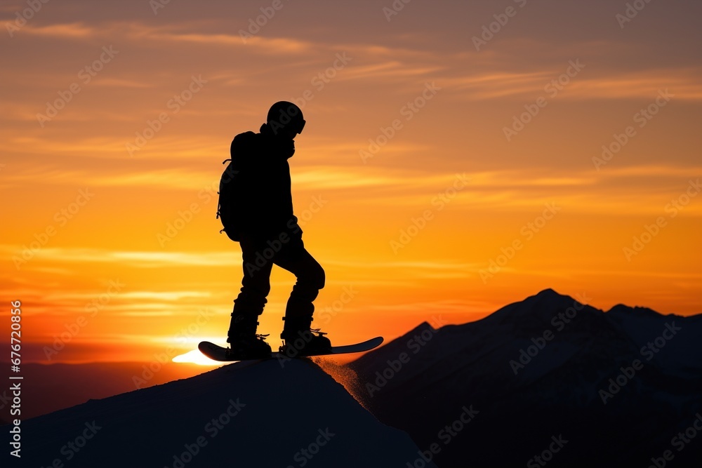 Snowboarders silhouette stand over the clouds, Beautiful snowy mountain background, Mountain landscape.