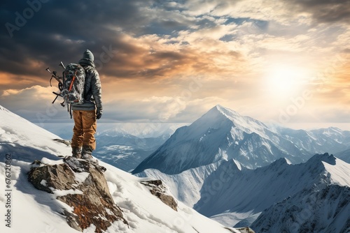 A tourist walks through the snow-capped mountains against the backdrop of an incredible sunset. Hobby recreation, Beautiful snow-capped mountains. Landscape. © Irina
