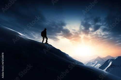 A tourist walks through the snow-capped mountains against the backdrop of an incredible sunset. Hobby recreation, Beautiful snow-capped mountains. Landscape.