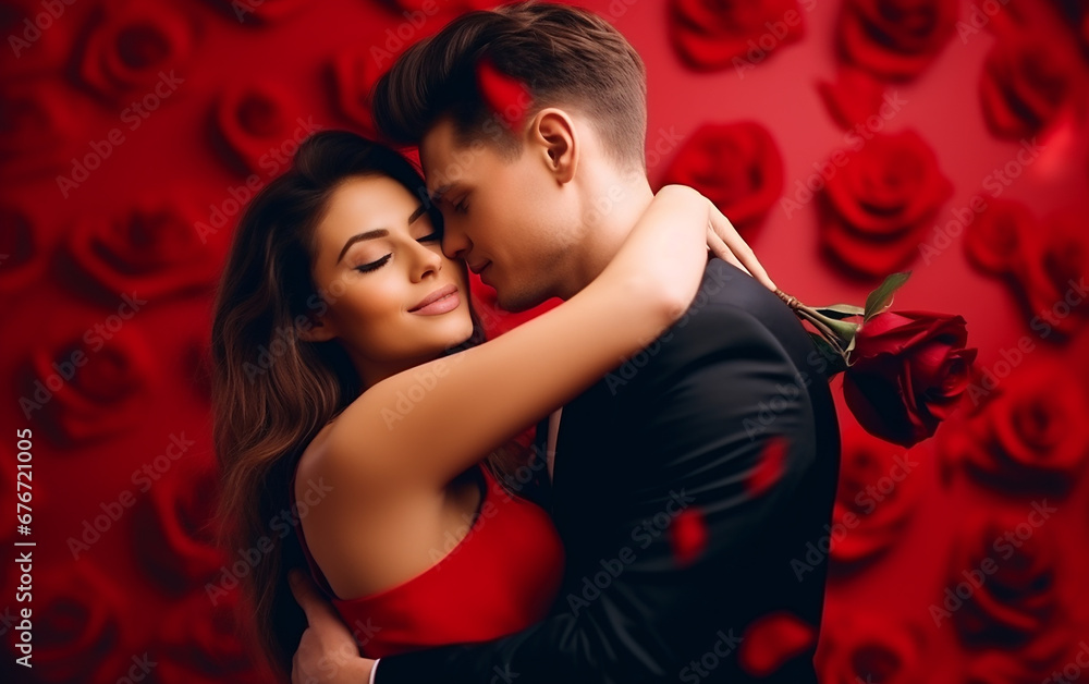 Naklejka premium Valentine's day, Heterosexual couple in love hugging, red rose blur background.