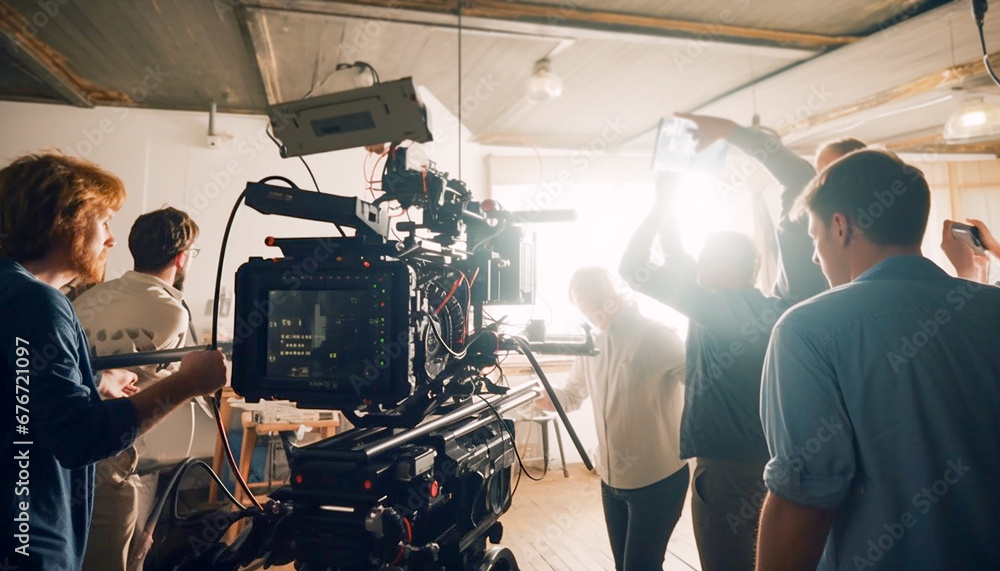 Behind the scenes of movie shooting and working process. Camera, actors, crew. Filming Behind the scenes of movie shooting and working process. Camera, actors, crew. Filming
