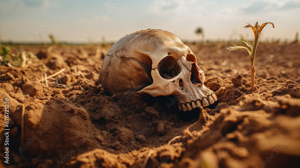 Human skull on Land with dry and cracked ground. Desert. Global warming background