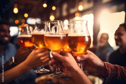 Cheerful Friends Toasting with Frothy Beer Glasses in a Cozy Bar