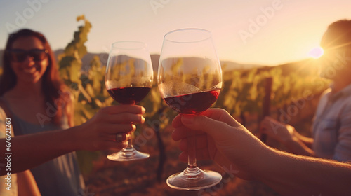 Image of friends drinking wine on a sunny day, beautiful landscape, friendship activity