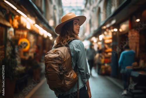 Adventurous Young Woman Exploring a Vibrant Market Street