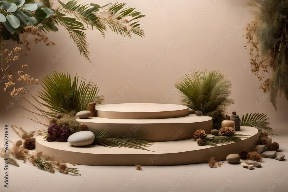 A composition featuring an empty podium crafted from natural materials, surrounded by tree branches, stones, and dried flowers  generative ai technology
