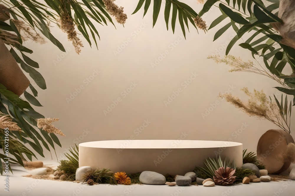 A composition featuring an empty podium crafted from natural materials, surrounded by tree branches, stones, and dried flowers  generative ai technology
