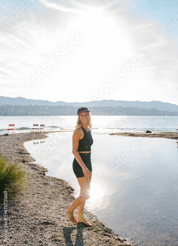 sporty girl at the beach, girl at the lake, jumping girl