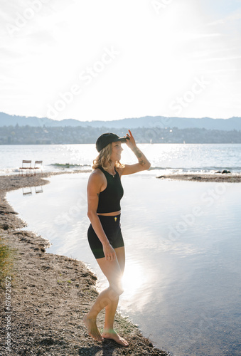 sporty girl at the beach, girl at the lake, jumping girl