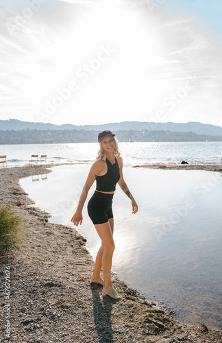 sporty girl at the beach, girl at the lake, jumping girl