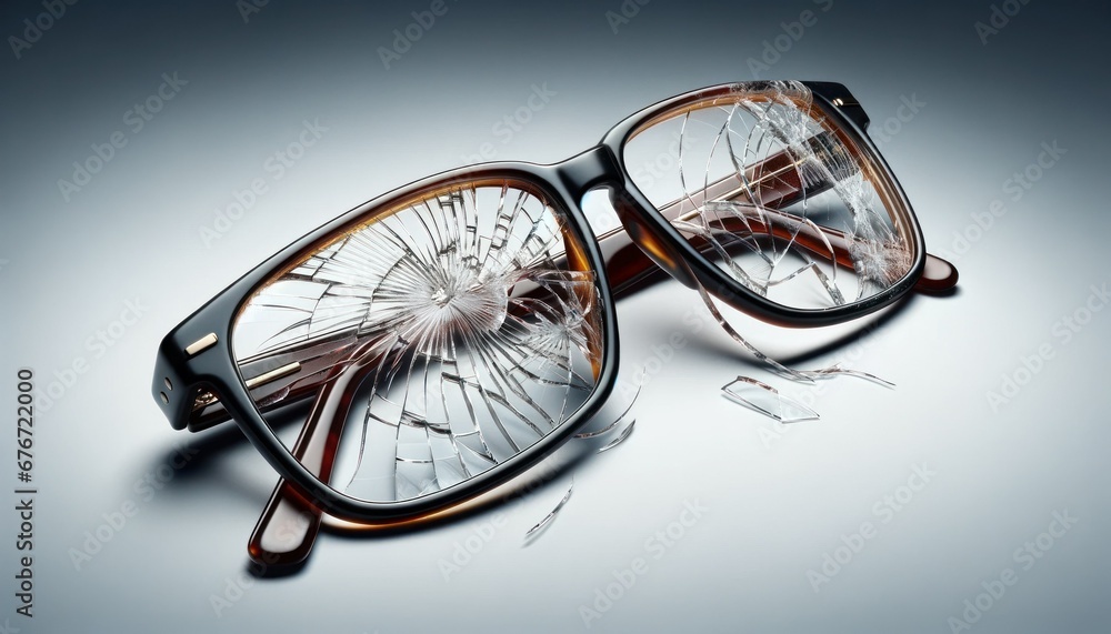 Close-up image of badly broken glasses with cracked lenses and bent frames, conveying destruction and loss
Close-up image of badly broken glasses with cracked lenses and bent frames, conveying destruction and loss
