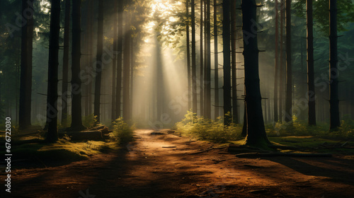 Forest and sunbeams passing through the trees