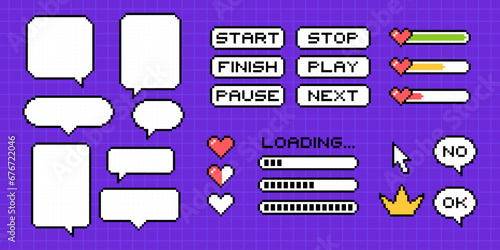 Clipart set of pixel elements in 8-bit style on a bright purple background. Dialog boxes of different shapes and sizes, loading lines, life icons, crown, pointer and buttons.