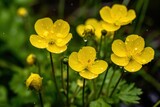Yellow buttercup flowers with raindrops on green grass background, close up. Mother's day concept with a space for a text. Valentine day concept with a copy space.