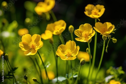 Beautiful yellow buttercup flowers in the garden on a sunny day. Mother's day concept with a space for a text. Valentine day concept with a copy space.