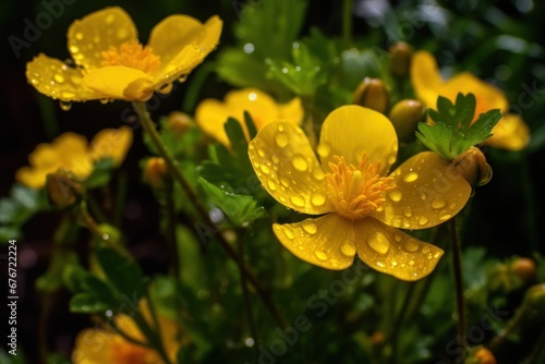 Close up of yellow buttercup flowers with water drops after rain. Mother's day concept with a space for a text. Valentine day concept with a copy space.