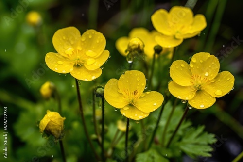 Yellow buttercup flowers with raindrops on green grass background, close up. Mother's day concept with a space for a text. Valentine day concept with a copy space. photo