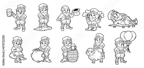 Leprechaun character vector hand-drawn outline sketch illustration set	