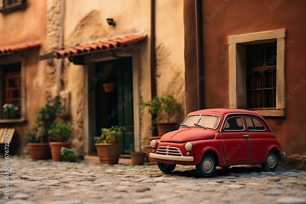 An old Italian house with a small subcompact old red car