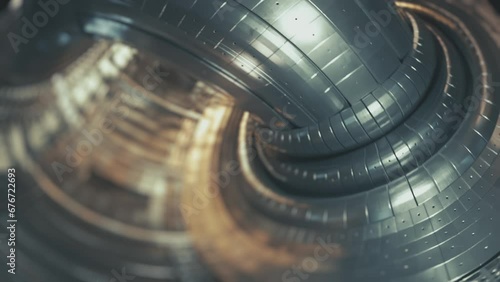 Inside of a fusion reactor. ITER, International fusion reactor, tokamak. Nuclear fusion, clean energy concept. Sci-fi, science fiction. Future of energy. High quality 4k cinematic animation. 
