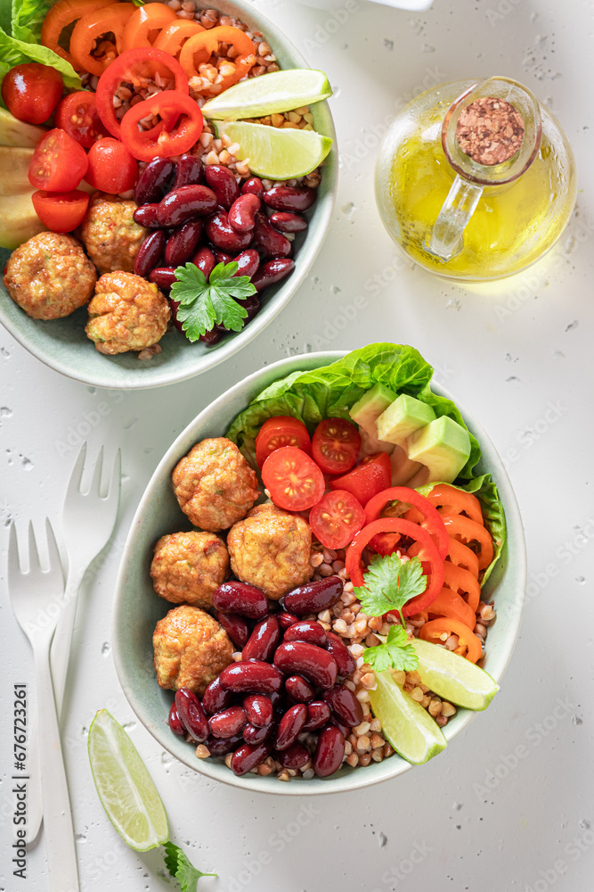 Spicy Mexican salad with meat, vegetables and groats. Spicy Mexican salad with meat, vegetables and groats.