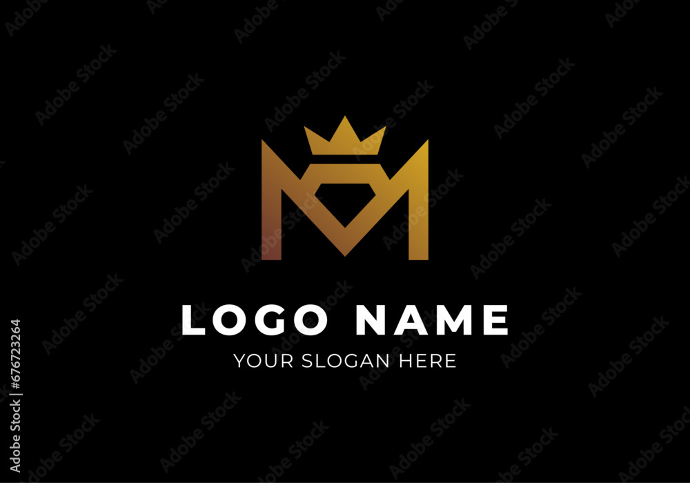 Fototapeta premium Logo M Crown and Diamond Gold Shape, Elegance Modern Luxury and Minimalist. Editable File