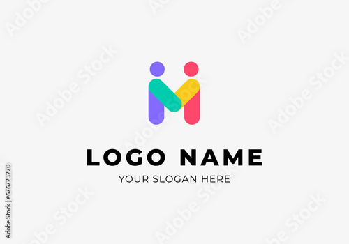 Logo M Handshaking Two People, Human and Letter M, Modern Minimalist and Colorful Logo Design. Editable File