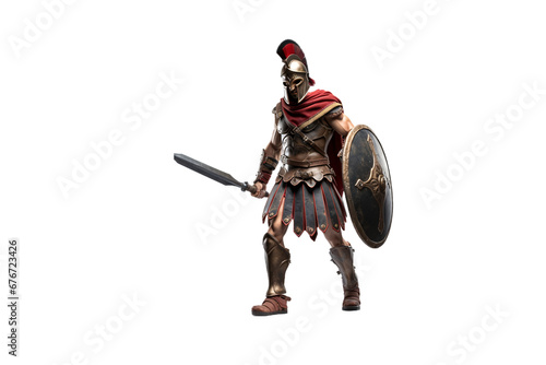 Spartan warrior with sword and shield isolated on white transparent background, ancient Greek military, strong soldier in armor and helmet