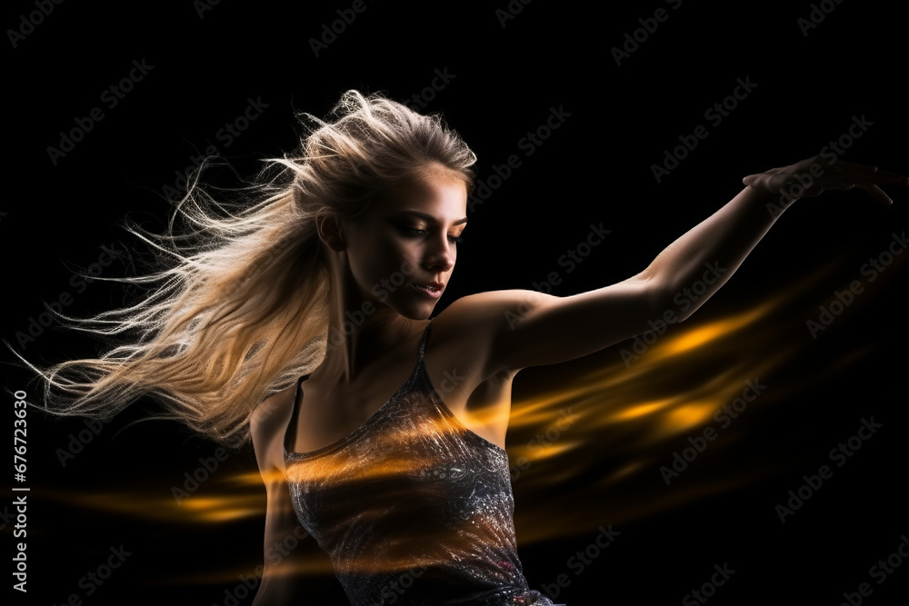 Young woman gymnast. On black background with flash effect Young woman gymnast. On black background with flash effect