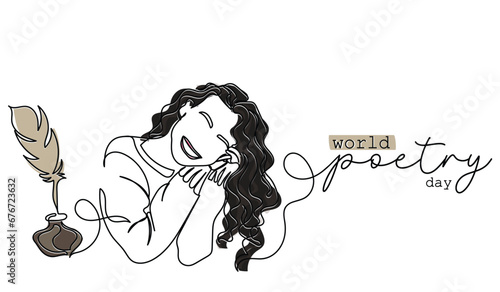 World poetry day is celebrated every year on 21 March. Cultural and linguistic expression and identity. Poets and recital concept art. Ink and pen aesthetics. Vintage line art. Reading. writing.