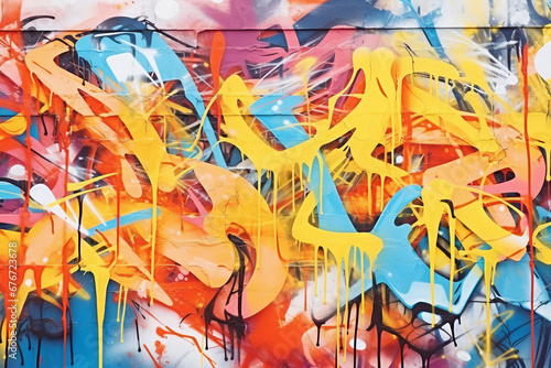 Abstract colorful spray painted vandalized ghetto graffiti tagged wall background photo