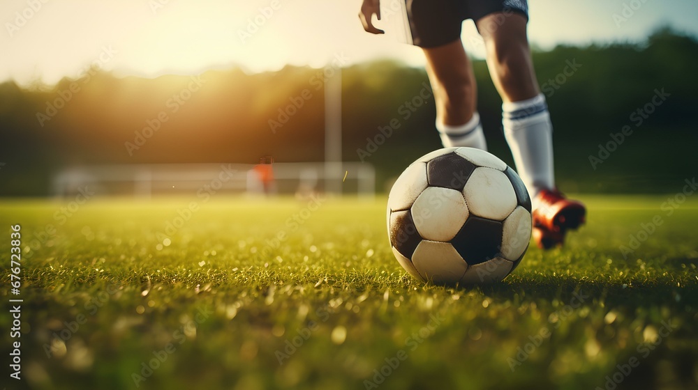 Close Up Football or Soccer Player Foot Playing With the Ball in Stadium. generative AI