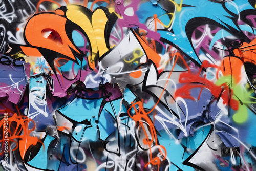 Abstract colorful spray painted vandalized ghetto graffiti tagged wall background photo