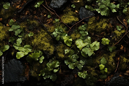 Forest floor background / Stones, moss and leaves