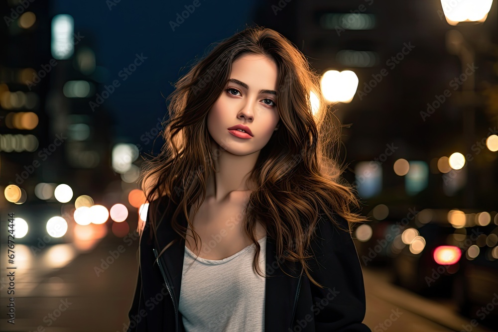 Beautiful young woman in the city at night. Ai generative