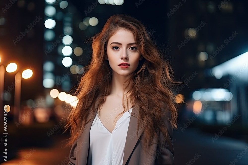 Portrait of a beautiful young woman with long curly hair in a city at night. Ai generative Portrait of a beautiful young woman with long curly hair in a city at night. Ai generative