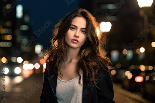 Beautiful young woman in the city at night. Ai generative