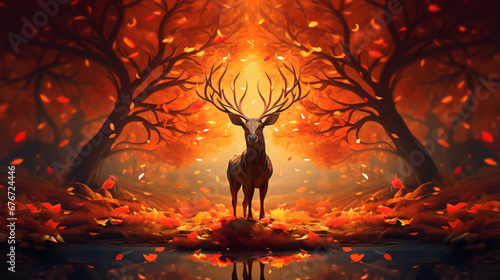 Graceful deer amidst vibrant autumn forest painted in shades of orange and golden hues, autumn symbol of changing seasons and the forest enduring spirit in serene ambiance of enchanting forest photo