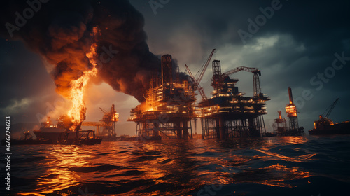 Dramatic photo of an accident and fire at an offshore oil and gas field, burning and collapsing oil platforms photo