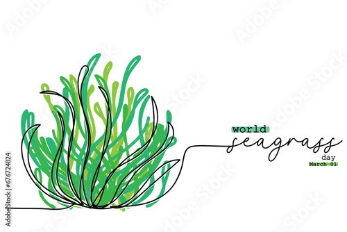 world seagrass day observed on 1st of March every year. Conservation of Marine ecosystem concept vector art. Global awareness on importance of seagrass and consequences of their loss. One line art.